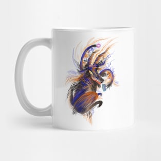 Goat with a cup of coffee and a donut. Funny goat Mug